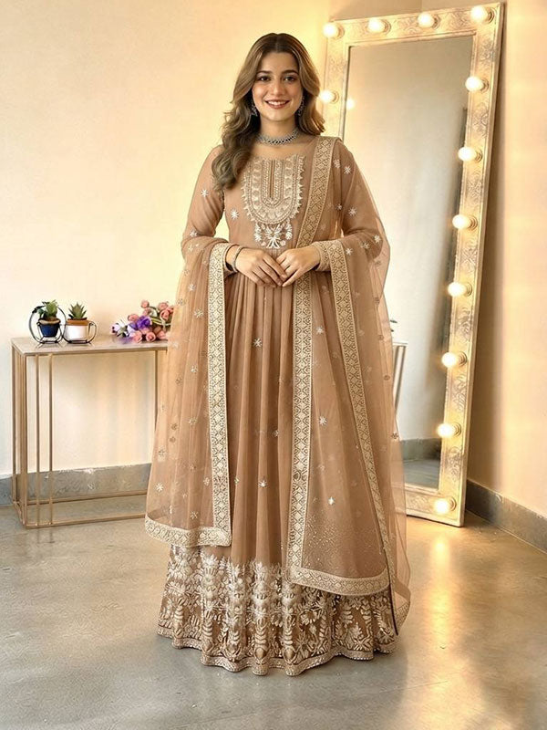 Niharikafashion Beige Embroidered Georgette Gown - Image 1