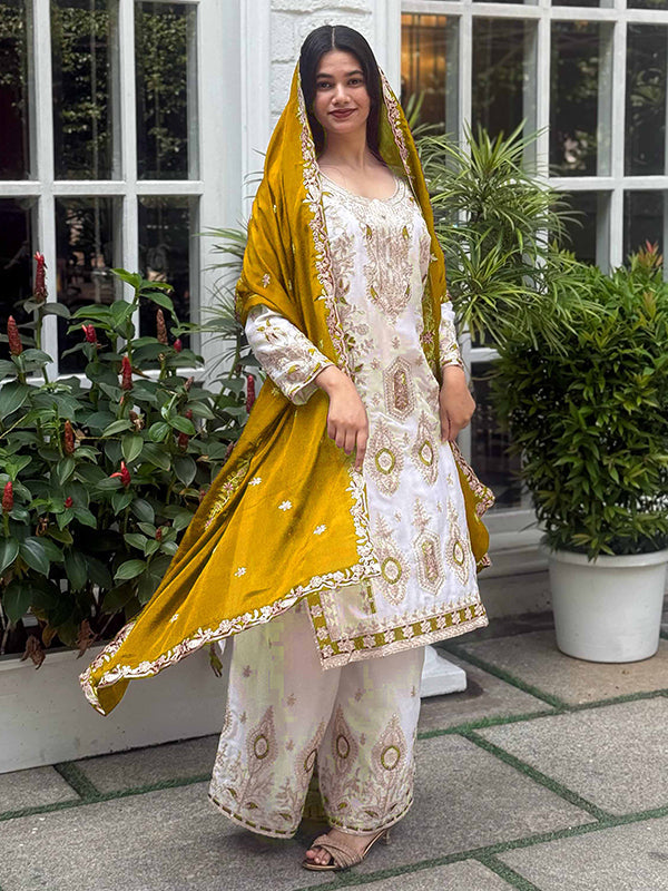 Off White Embroidery Sequence Work Chinon Silk Plazzo Suit With Mustard Yellow Dupatta