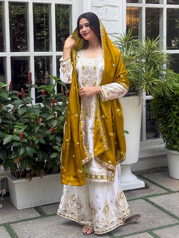 Off White Embroidery Sequence Work Chinon Silk Plazzo Suit With Mustard Yellow Dupatta