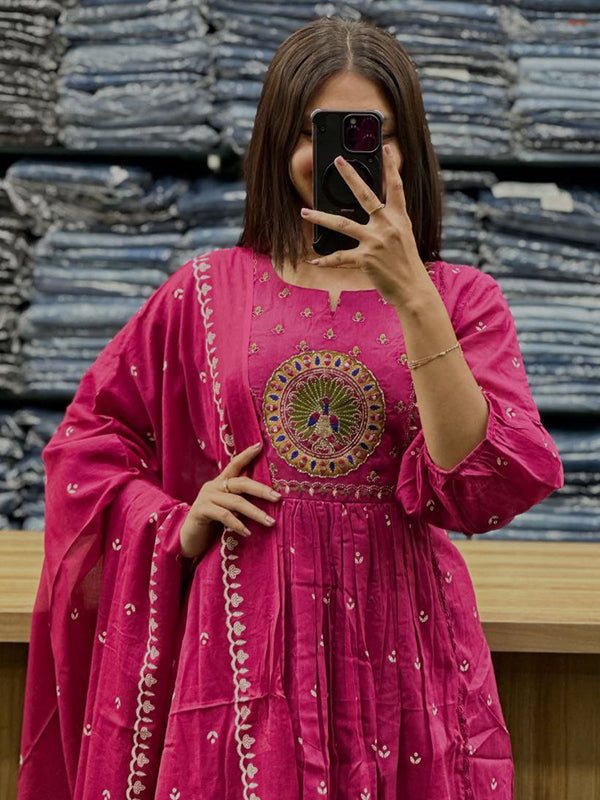 Pink Mal Cotton Pleated Kurti With Pant & Dupatta Set