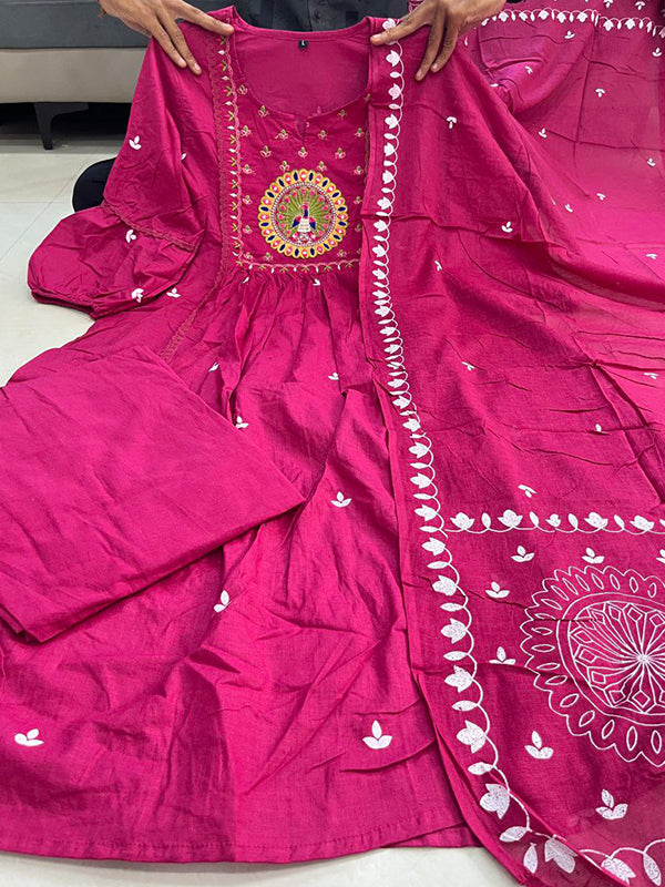 Pink Mal Cotton Pleated Kurti With Pant & Dupatta Set