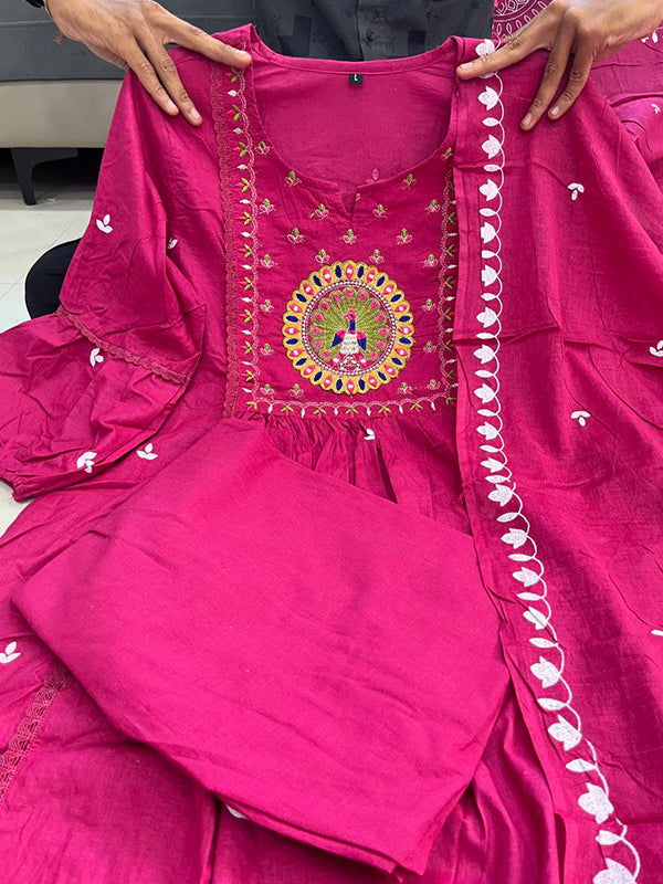 Pink Mal Cotton Pleated Kurti With Pant & Dupatta Set