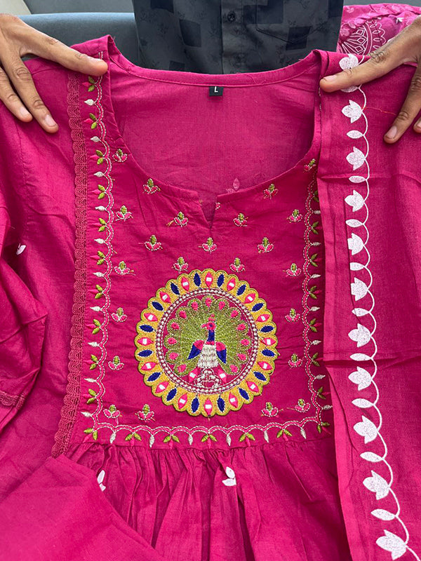 Pink Mal Cotton Pleated Kurti With Pant & Dupatta Set