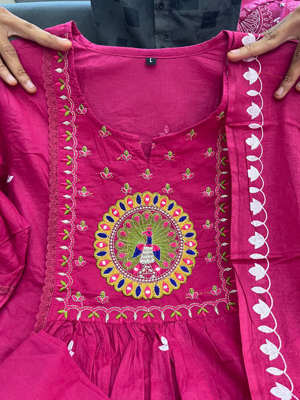 Pink Mal Cotton Pleated Kurti With Pant & Dupatta Set