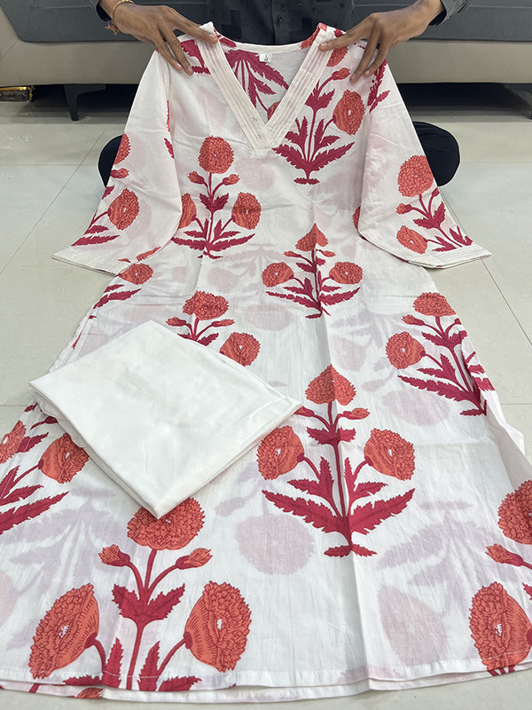 Pink Cotton Printed Kurta With Pant