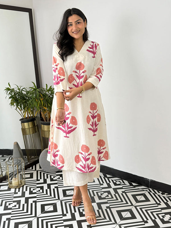 Pink Cotton Printed Kurta With Pant