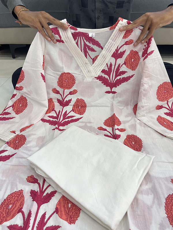 Pink Cotton Printed Kurta With Pant