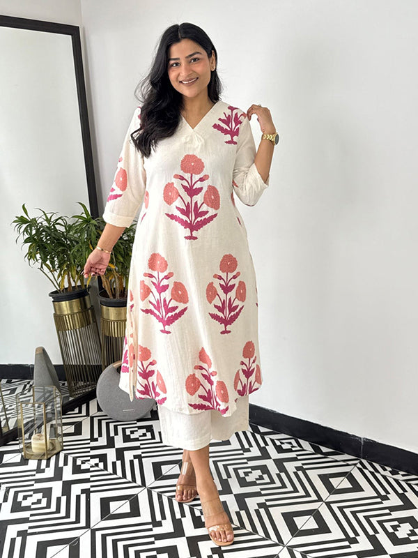 Pink Cotton Printed Kurta With Pant