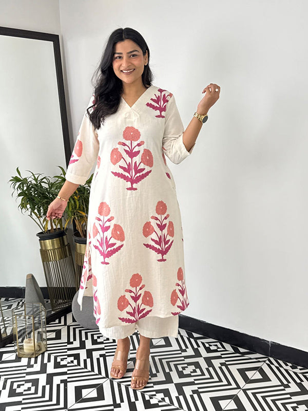 Pink Cotton Printed Kurta With Pant