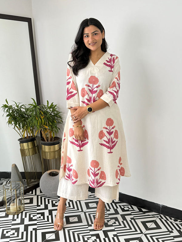 Pink Cotton Printed Kurta With Pant