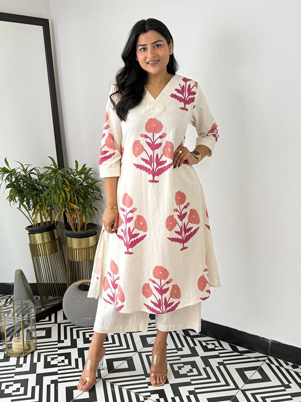 Pink Cotton Printed Kurta With Pant