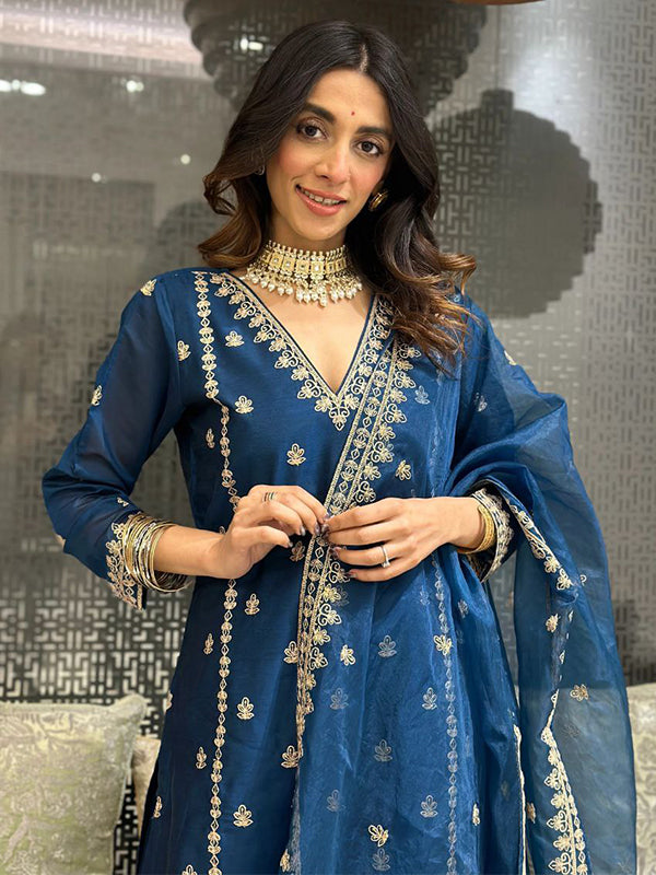 Blue Chanderi Silk Embroidered Suit Set With Dupatta