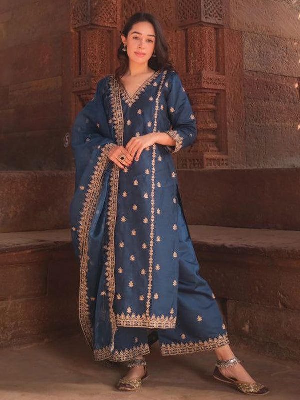 Blue Chanderi Silk Embroidered Suit Set With Dupatta