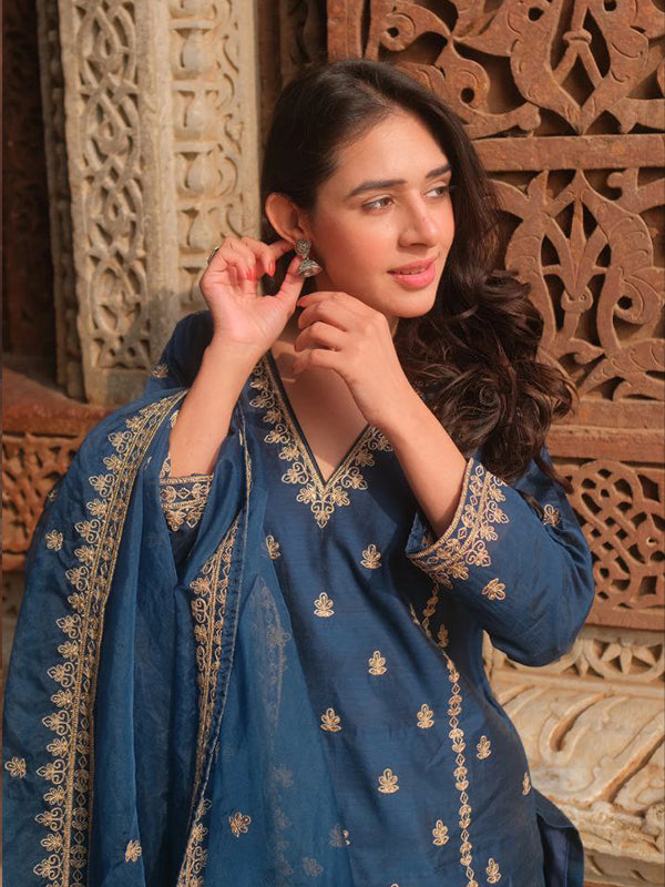 Blue Chanderi Silk Embroidered Suit Set With Dupatta
