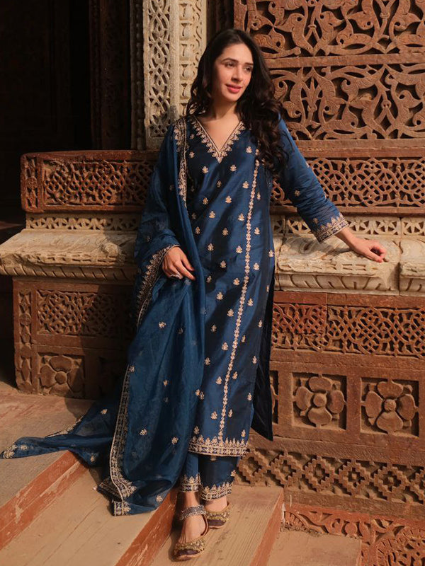 Blue Chanderi Silk Embroidered Suit Set With Dupatta