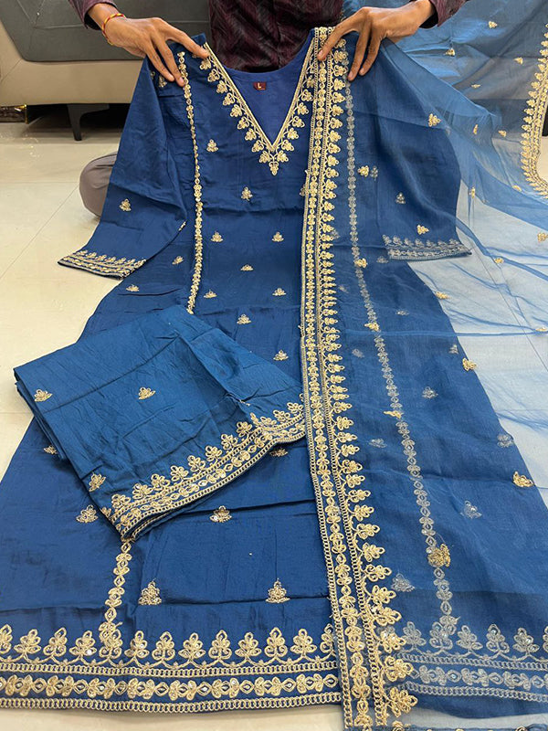 Blue Chanderi Silk Embroidered Suit Set With Dupatta