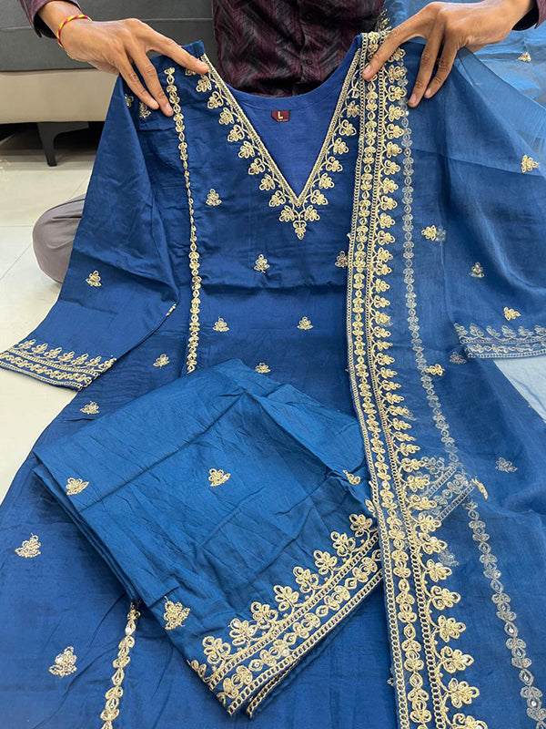 Blue Chanderi Silk Embroidered Suit Set With Dupatta