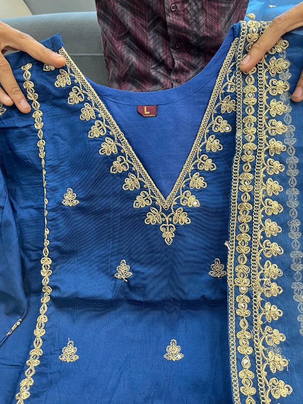 Blue Chanderi Silk Embroidered Suit Set With Dupatta