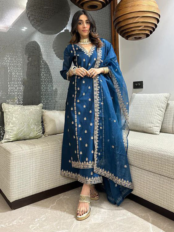 Blue Chanderi Silk Embroidered Suit Set With Dupatta