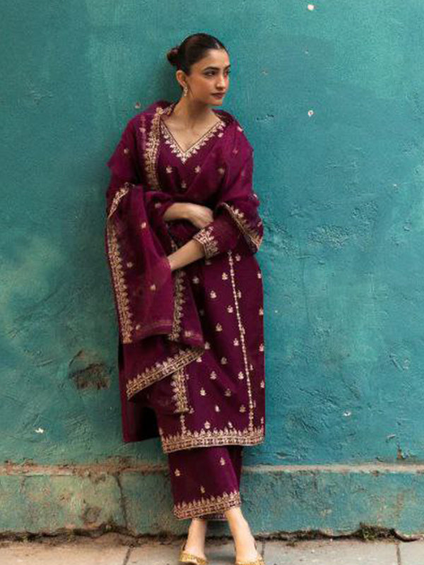 Maroon Chanderi Silk Embroidered Suit Set With Dupatta