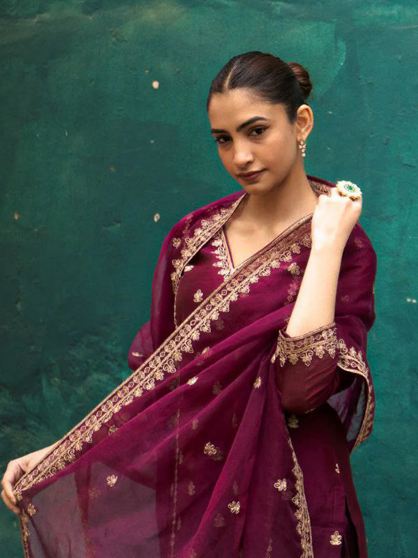 Maroon Chanderi Silk Embroidered Suit Set With Dupatta