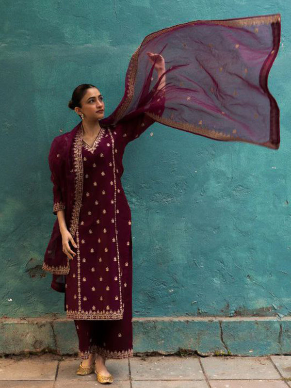 Maroon Chanderi Silk Embroidered Suit Set With Dupatta
