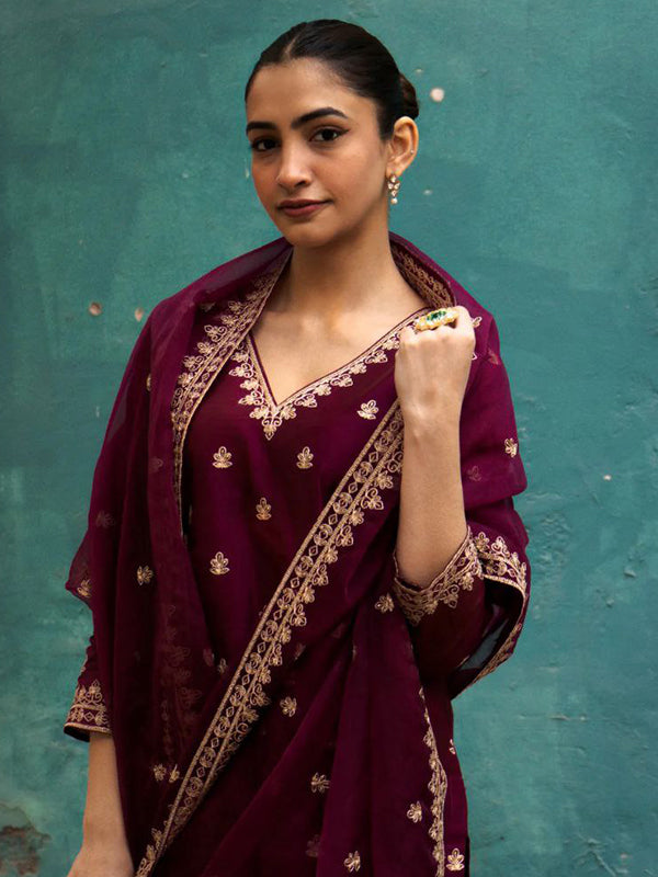 Maroon Chanderi Silk Embroidered Suit Set With Dupatta