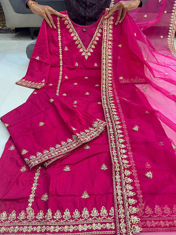 Maroon Chanderi Silk Embroidered Suit Set With Dupatta