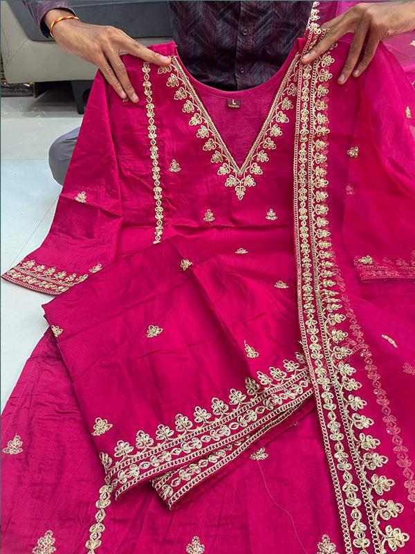 Maroon Chanderi Silk Embroidered Suit Set With Dupatta