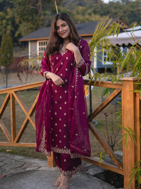 Maroon Chanderi Silk Embroidered Suit Set With Dupatta