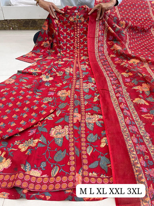 Red Pure Cotton Front Slit Three Piece Kurti Set