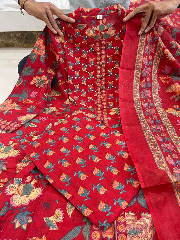 Red Pure Cotton Front Slit Three Piece Kurti Set