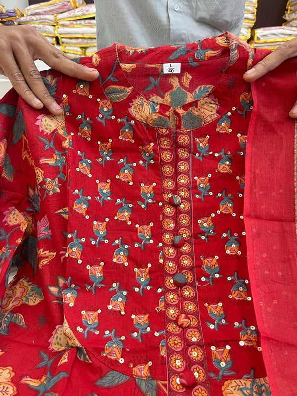 Red Pure Cotton Front Slit Three Piece Kurti Set
