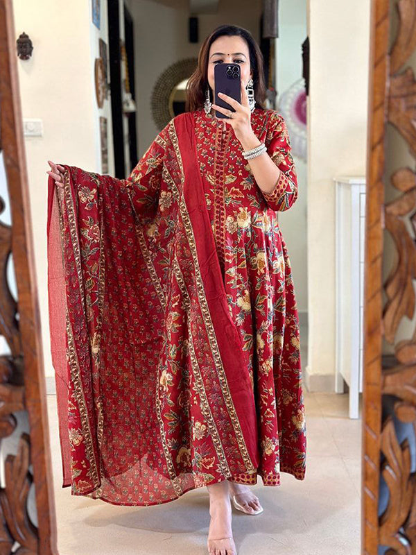 Red Pure Cotton Front Slit Three Piece Kurti Set