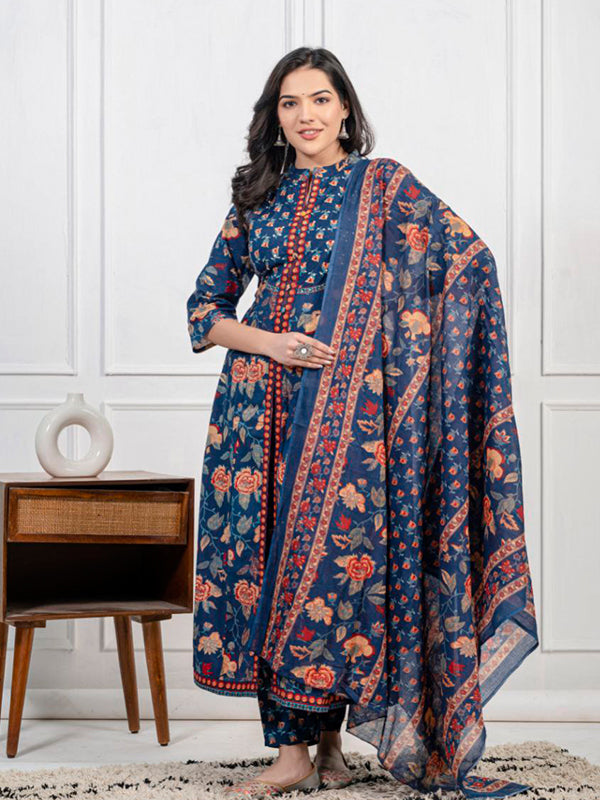 Blue Pure Cotton Front Slit Three Piece Kurti Set