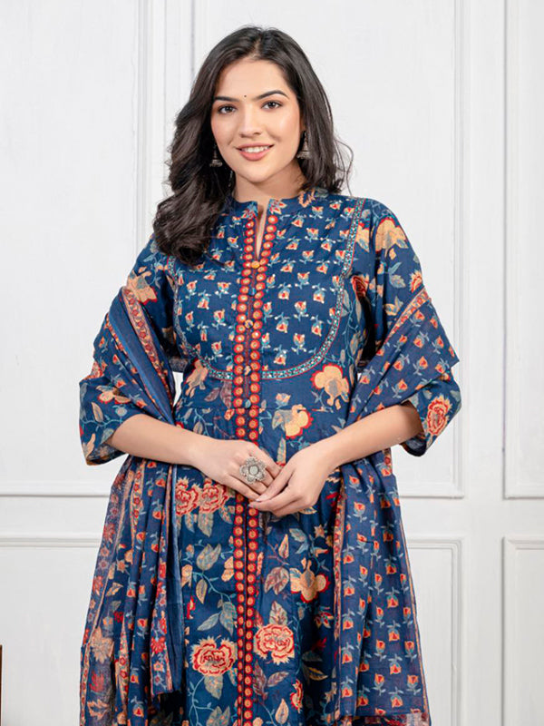 Blue Pure Cotton Front Slit Three Piece Kurti Set