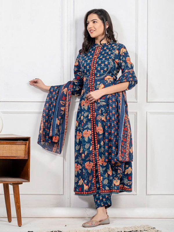 Blue Pure Cotton Front Slit Three Piece Kurti Set