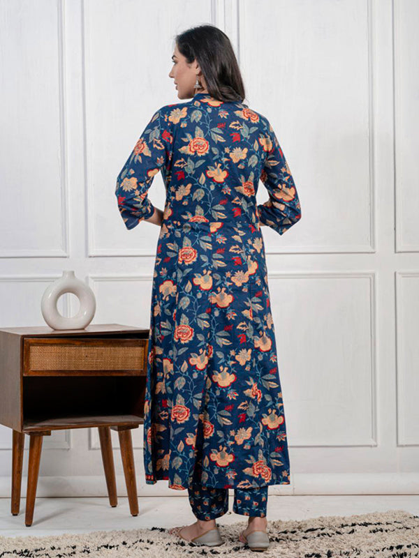 Blue Pure Cotton Front Slit Three Piece Kurti Set