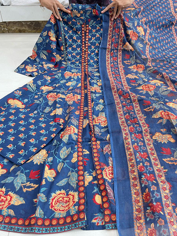 Blue Pure Cotton Front Slit Three Piece Kurti Set