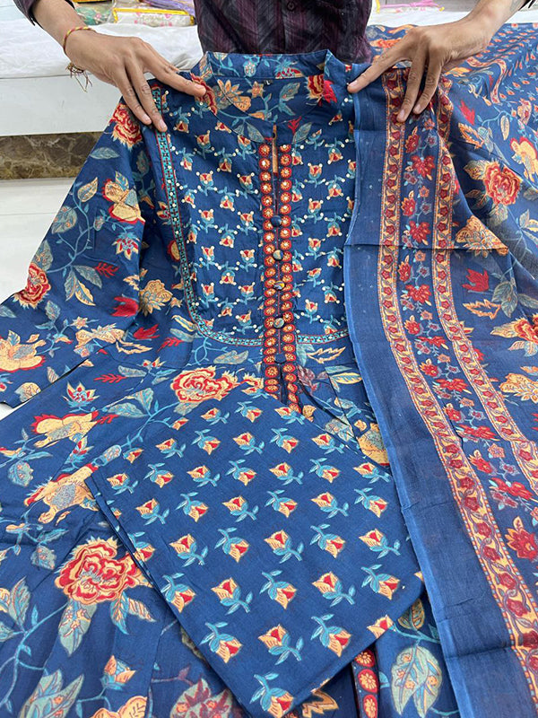 Blue Pure Cotton Front Slit Three Piece Kurti Set