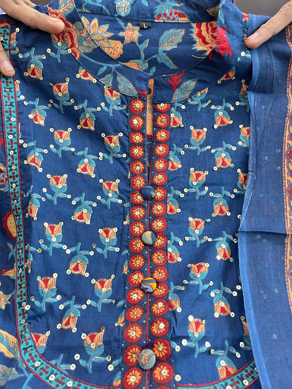Blue Pure Cotton Front Slit Three Piece Kurti Set