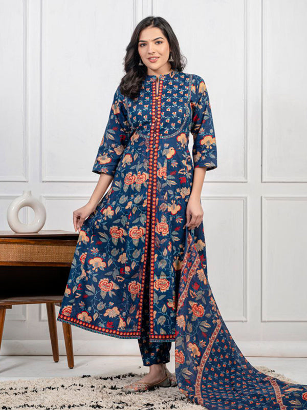 Blue Pure Cotton Front Slit Three Piece Kurti Set