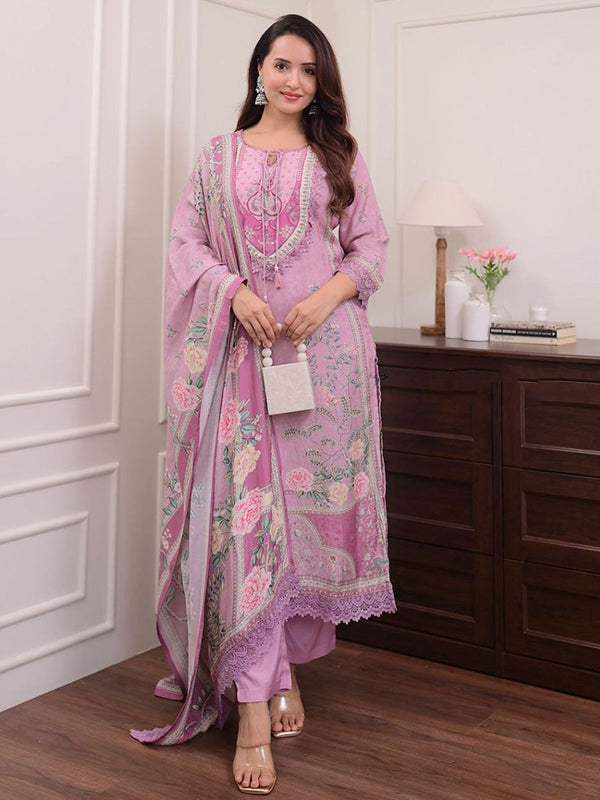 Lilac Printed Pure Muslin Kurti Set With Dupatta