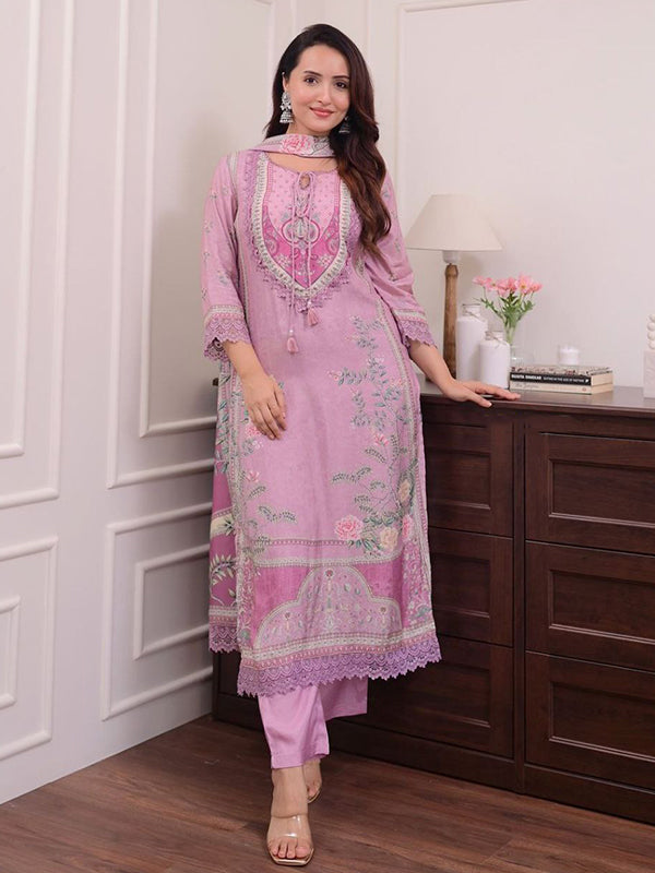 Lilac Printed Pure Muslin Kurti Set With Dupatta
