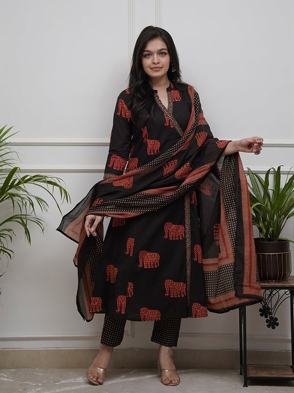 Black Angrakha Style Printed Kurti Pant Set With Dupatta