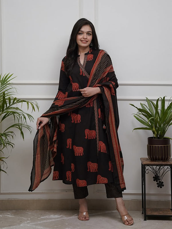 Black Angrakha Style Printed Kurti Pant Set With Dupatta