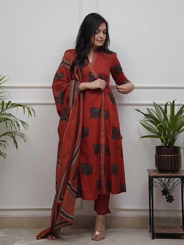 Maroon Angrakha Style Printed Kurti Pant Set With Dupatta