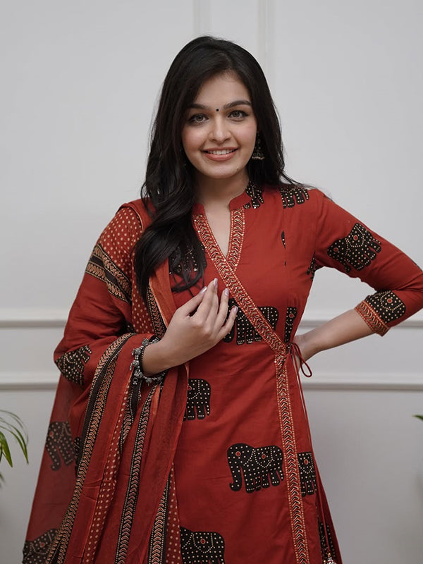 Maroon Angrakha Style Printed Kurti Pant Set With Dupatta