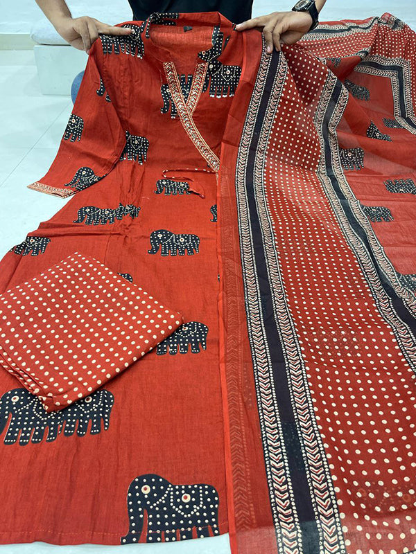 Maroon Angrakha Style Printed Kurti Pant Set With Dupatta