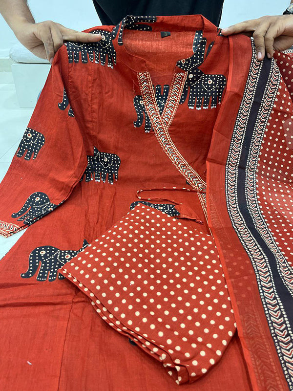 Maroon Angrakha Style Printed Kurti Pant Set With Dupatta